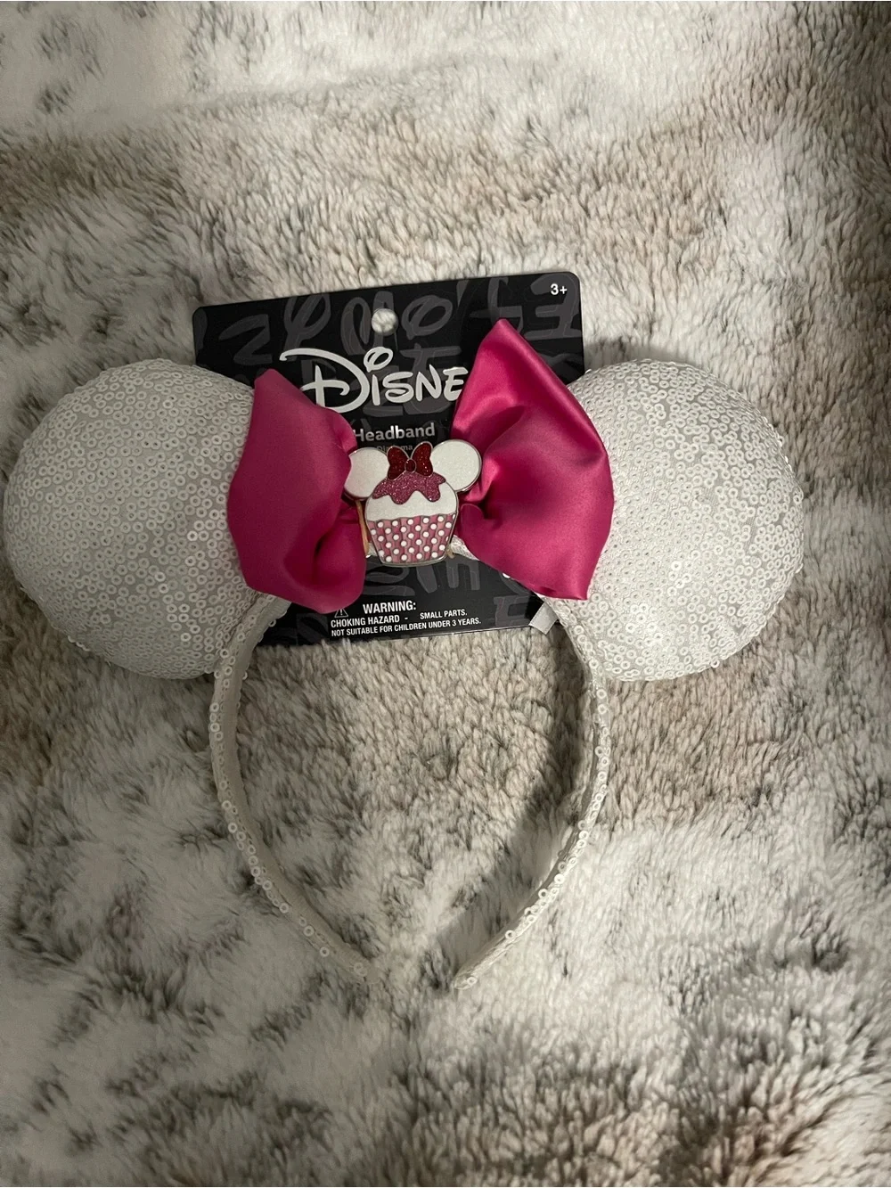 Disney White Sequin Minnie Ears Headband with Hot Pink Bow